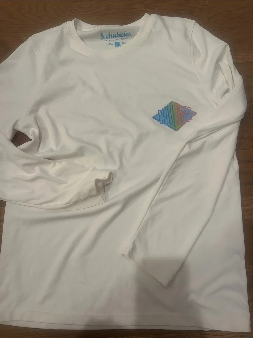 chubbies White Long Sleeve Tee with Pastel Rainbow Chest Logo